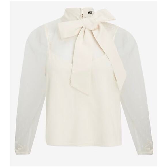 Express Tulle Polka Dot Mock Neck Puff Sleeve Blouse XS NWT Ivory White - Picture 3 of 8